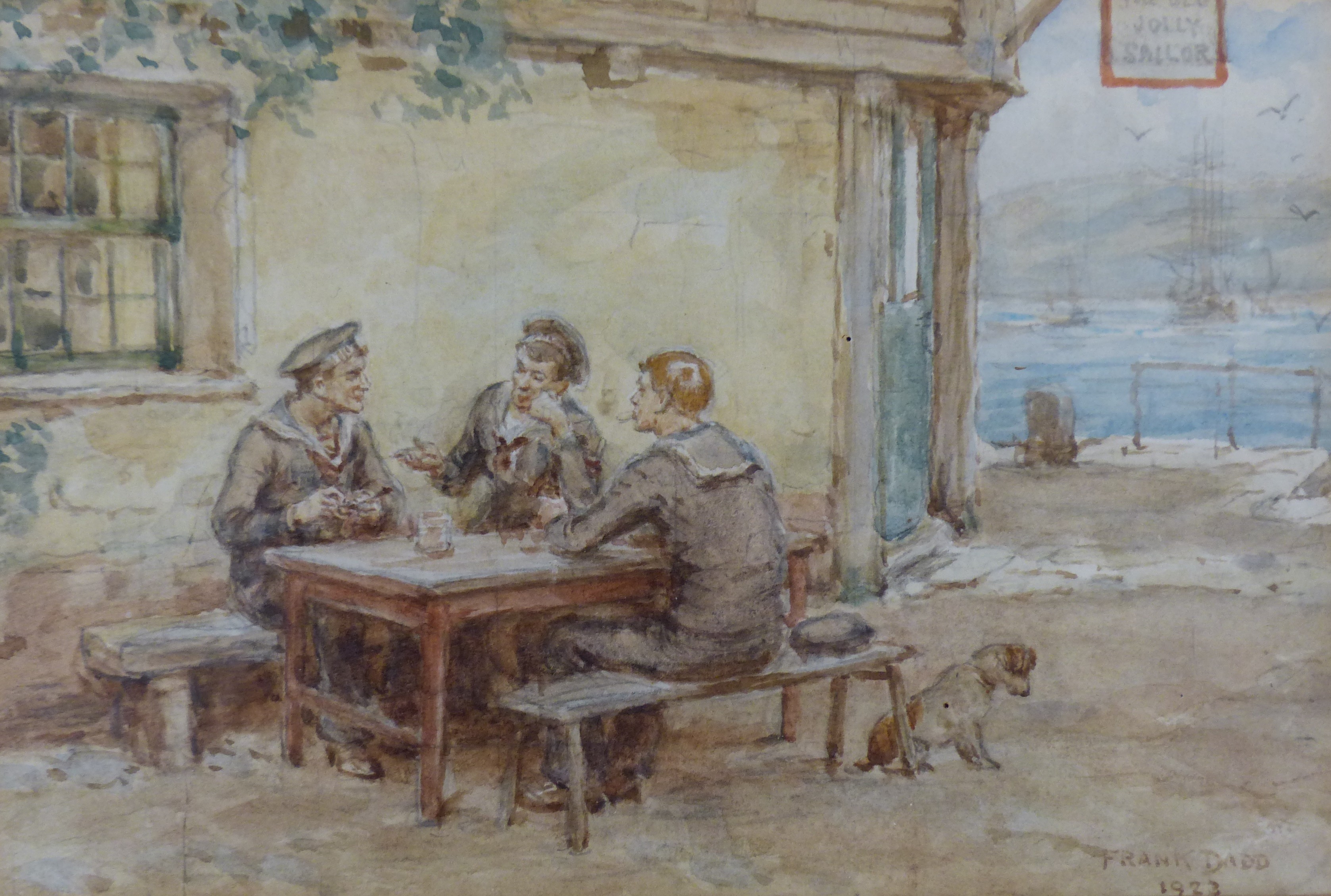 Frank Dadd (1851-1929), watercolour, Sailors outside The Old Jolly Sailor, signed and dated 1923, 11 x 16.5cm